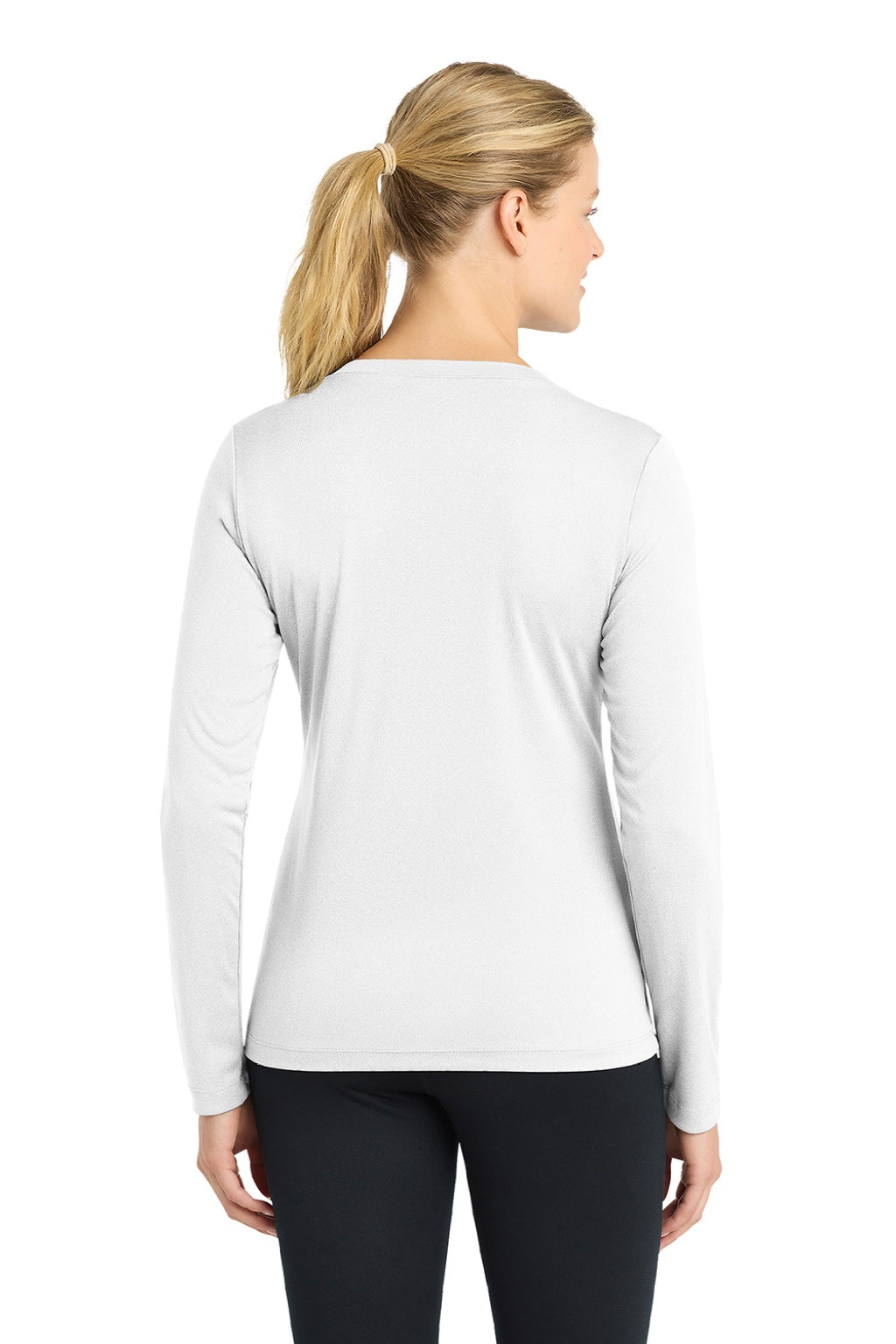 Sport-Tek LST353LS Womens Competitor Moisture Wicking Long Sleeve V-Neck T-Shirt White Model Back