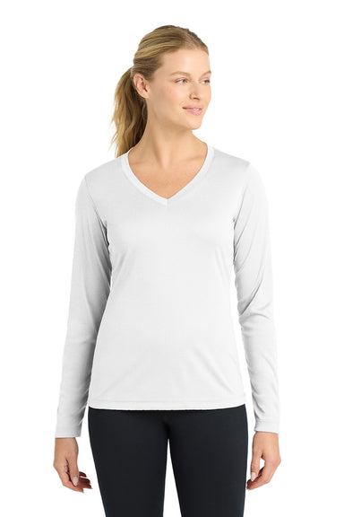 Sport-Tek LST353LS Womens Competitor Moisture Wicking Long Sleeve V-Neck T-Shirt White Model Front