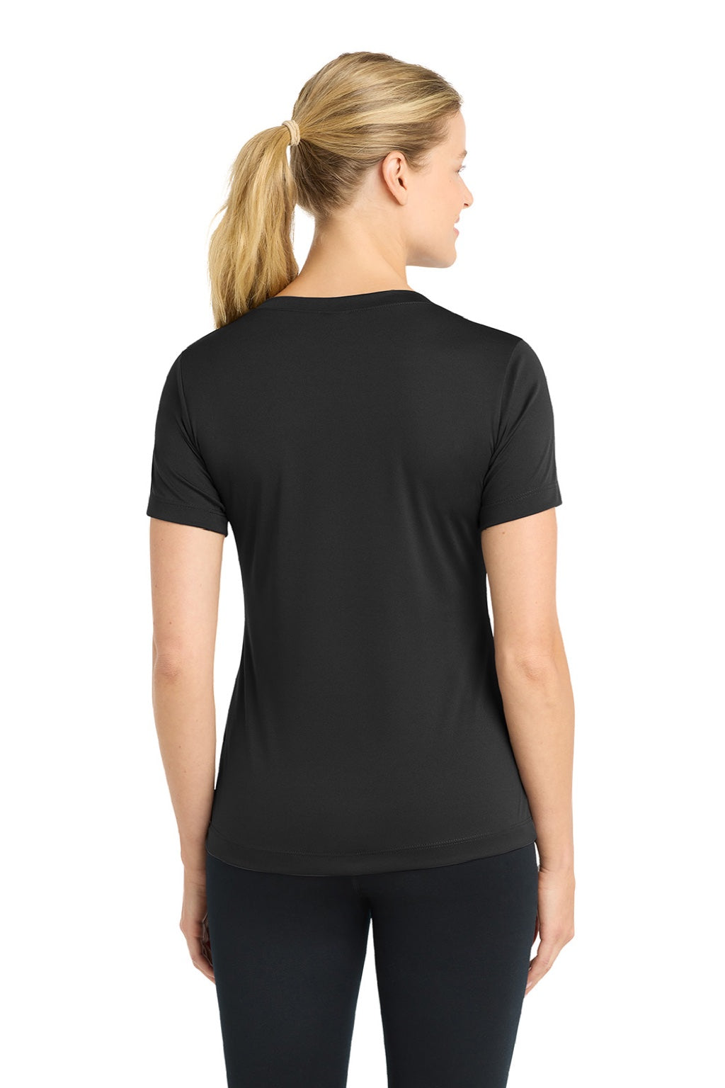 Sport-Tek LST353 Womens Competitor Moisture Wicking Short Sleeve V-Neck T-Shirt Black Model Back