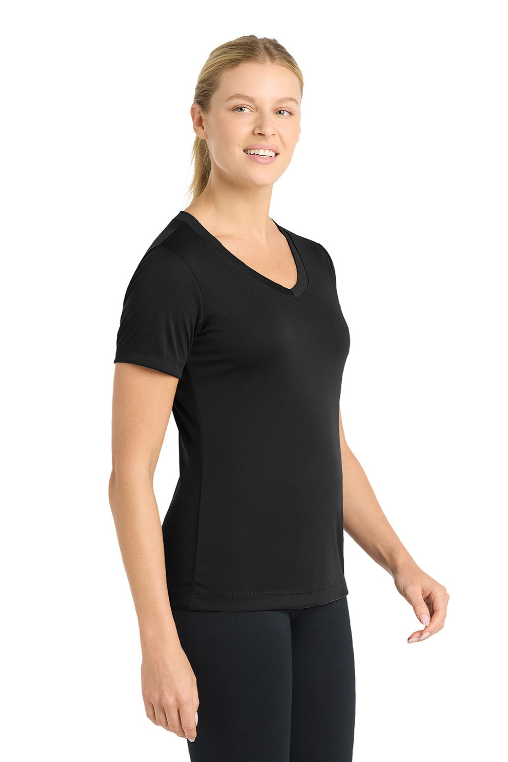 Sport-Tek LST353 Womens Competitor Moisture Wicking Short Sleeve V-Neck T-Shirt Black Model Side