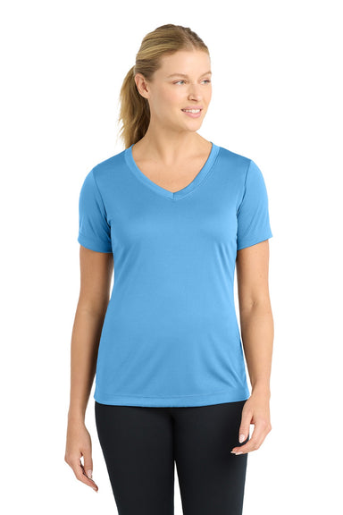 Sport-Tek LST353 Womens Competitor Moisture Wicking Short Sleeve V-Neck T-Shirt Carolina Blue Model Front