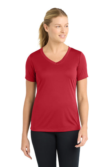 Sport-Tek LST353 Womens Competitor Moisture Wicking Short Sleeve V-Neck T-Shirt Deep Red Model Front