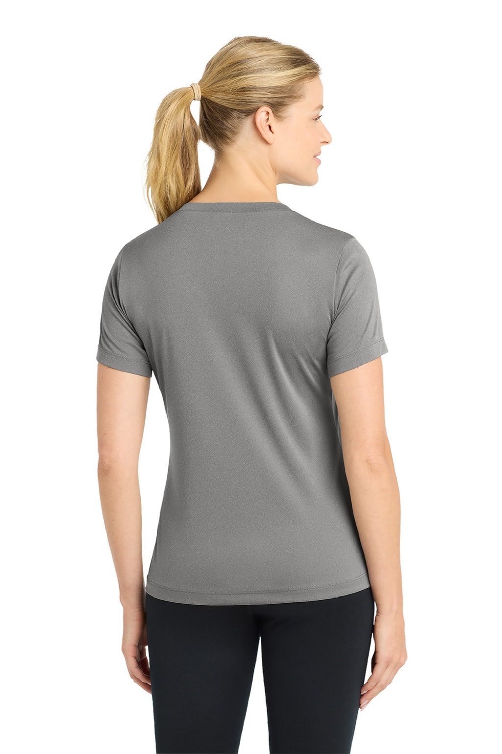 Sport-Tek LST353 Womens Competitor Moisture Wicking Short Sleeve V-Neck T-Shirt Heather Concrete Grey Model Back