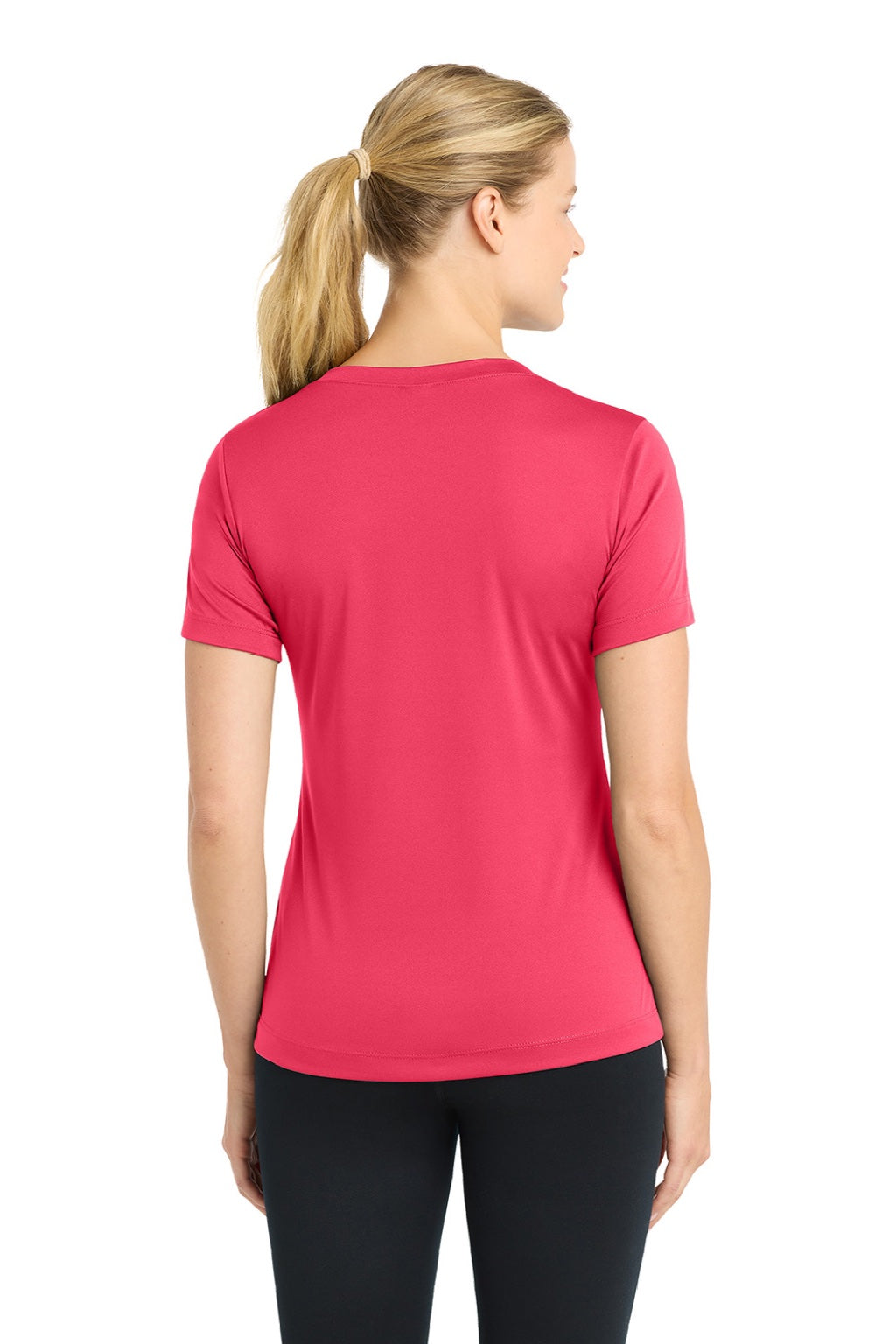 Sport-Tek LST353 Womens Competitor Moisture Wicking Short Sleeve V-Neck T-Shirt Hot Coral Pink Model Back