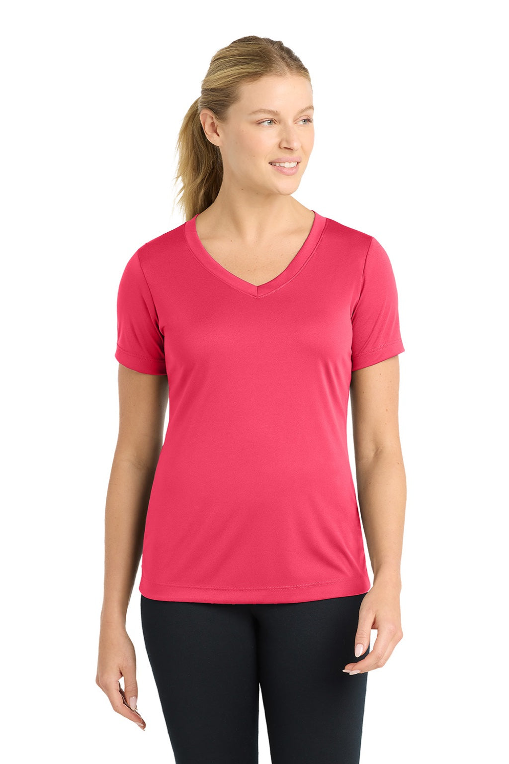 Sport-Tek LST353 Womens Competitor Moisture Wicking Short Sleeve V-Neck T-Shirt Hot Coral Pink Model Front