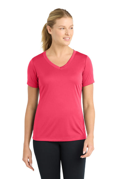 Sport-Tek LST353 Womens Competitor Moisture Wicking Short Sleeve V-Neck T-Shirt Hot Coral Pink Model Front