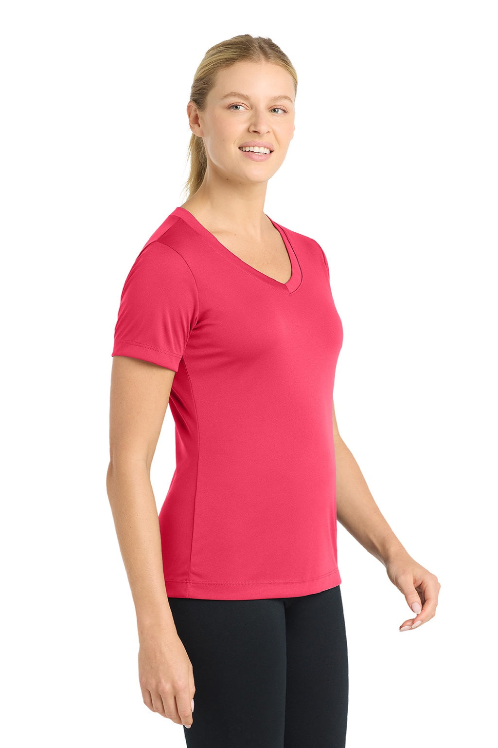 Sport-Tek LST353 Womens Competitor Moisture Wicking Short Sleeve V-Neck T-Shirt Hot Coral Pink Model Side