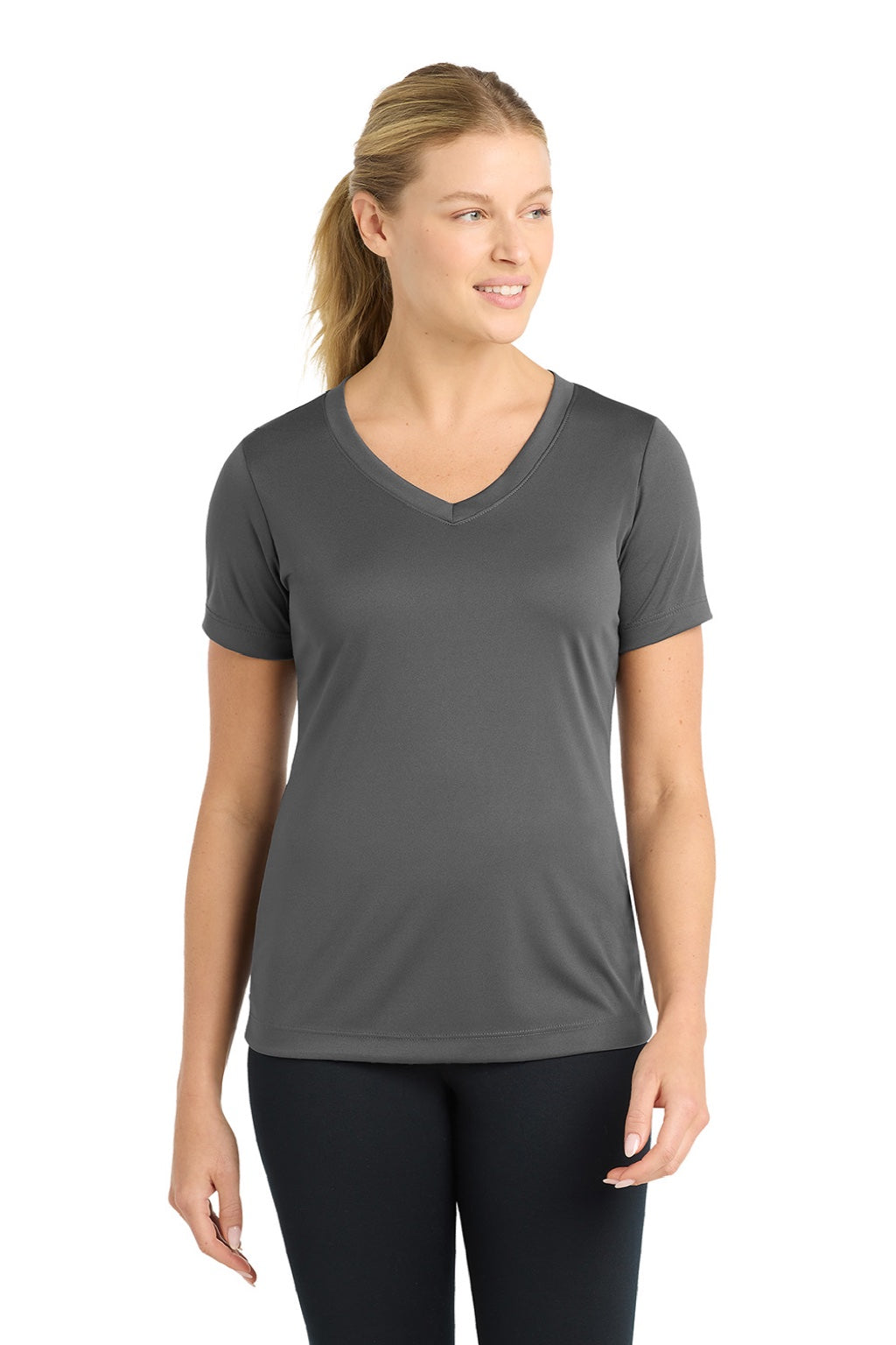 Sport-Tek LST353 Womens Competitor Moisture Wicking Short Sleeve V-Neck T-Shirt Iron Grey Model Front