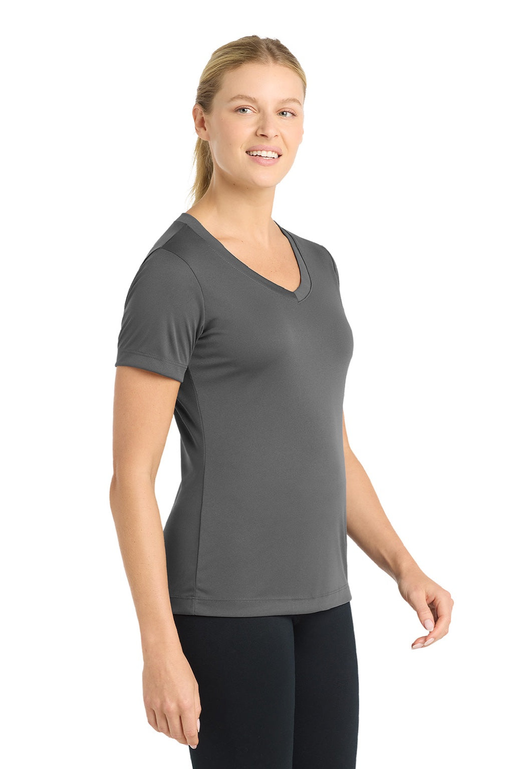 Sport-Tek LST353 Womens Competitor Moisture Wicking Short Sleeve V-Neck T-Shirt Iron Grey Model Side