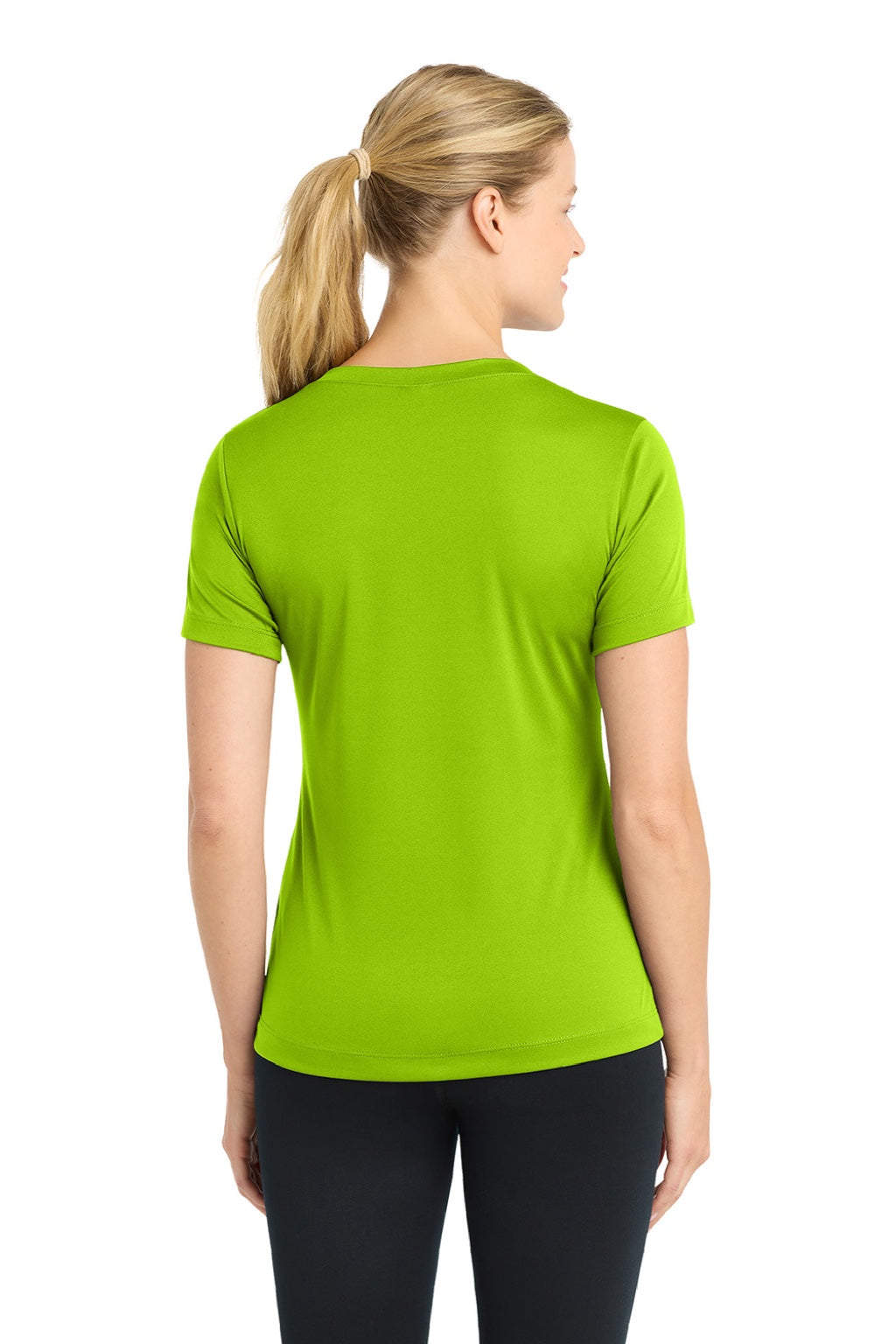 Sport-Tek LST353 Womens Competitor Moisture Wicking Short Sleeve V-Neck T-Shirt Lime Shock Green Model Back