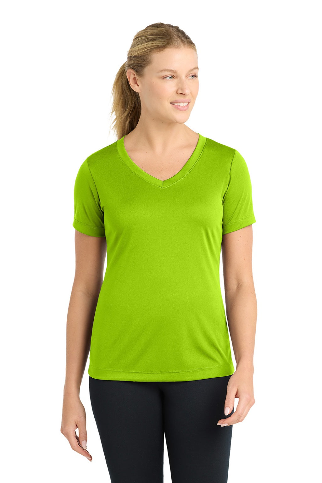 Sport-Tek LST353 Womens Competitor Moisture Wicking Short Sleeve V-Neck T-Shirt Lime Shock Green Model Front