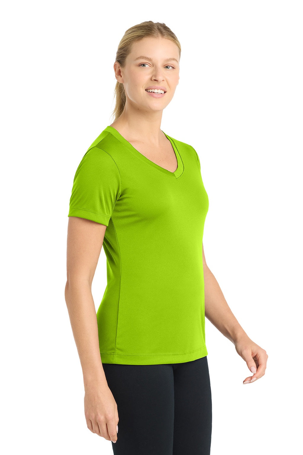 Sport-Tek LST353 Womens Competitor Moisture Wicking Short Sleeve V-Neck T-Shirt Lime Shock Green Model Side