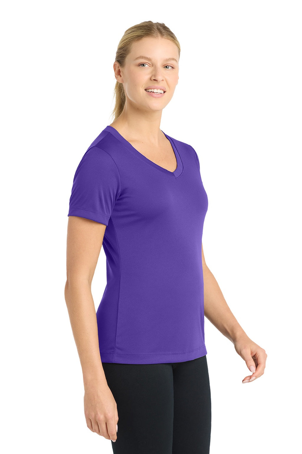 Sport-Tek LST353 Womens Competitor Moisture Wicking Short Sleeve V-Neck T-Shirt Purple Model Side