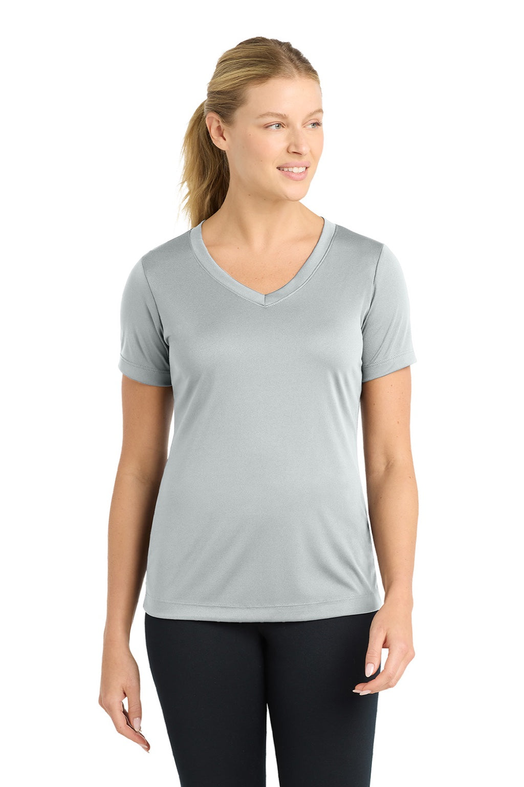 Sport-Tek LST353 Womens Competitor Moisture Wicking Short Sleeve V-Neck T-Shirt Silver Grey Model Front