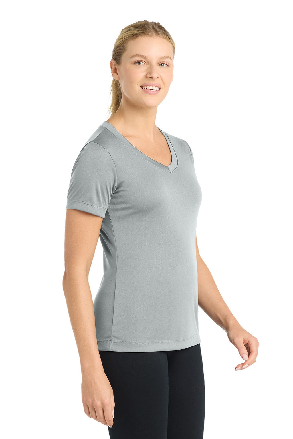 Sport-Tek LST353 Womens Competitor Moisture Wicking Short Sleeve V-Neck T-Shirt Silver Grey Model Side