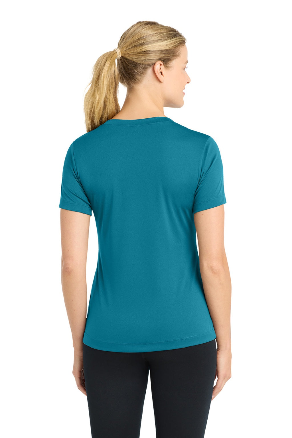 Sport-Tek LST353 Womens Competitor Moisture Wicking Short Sleeve V-Neck T-Shirt Tropic Blue Model Back
