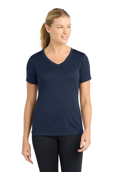 Sport-Tek LST353 Womens Competitor Moisture Wicking Short Sleeve V-Neck T-Shirt True Navy Blue Model Front