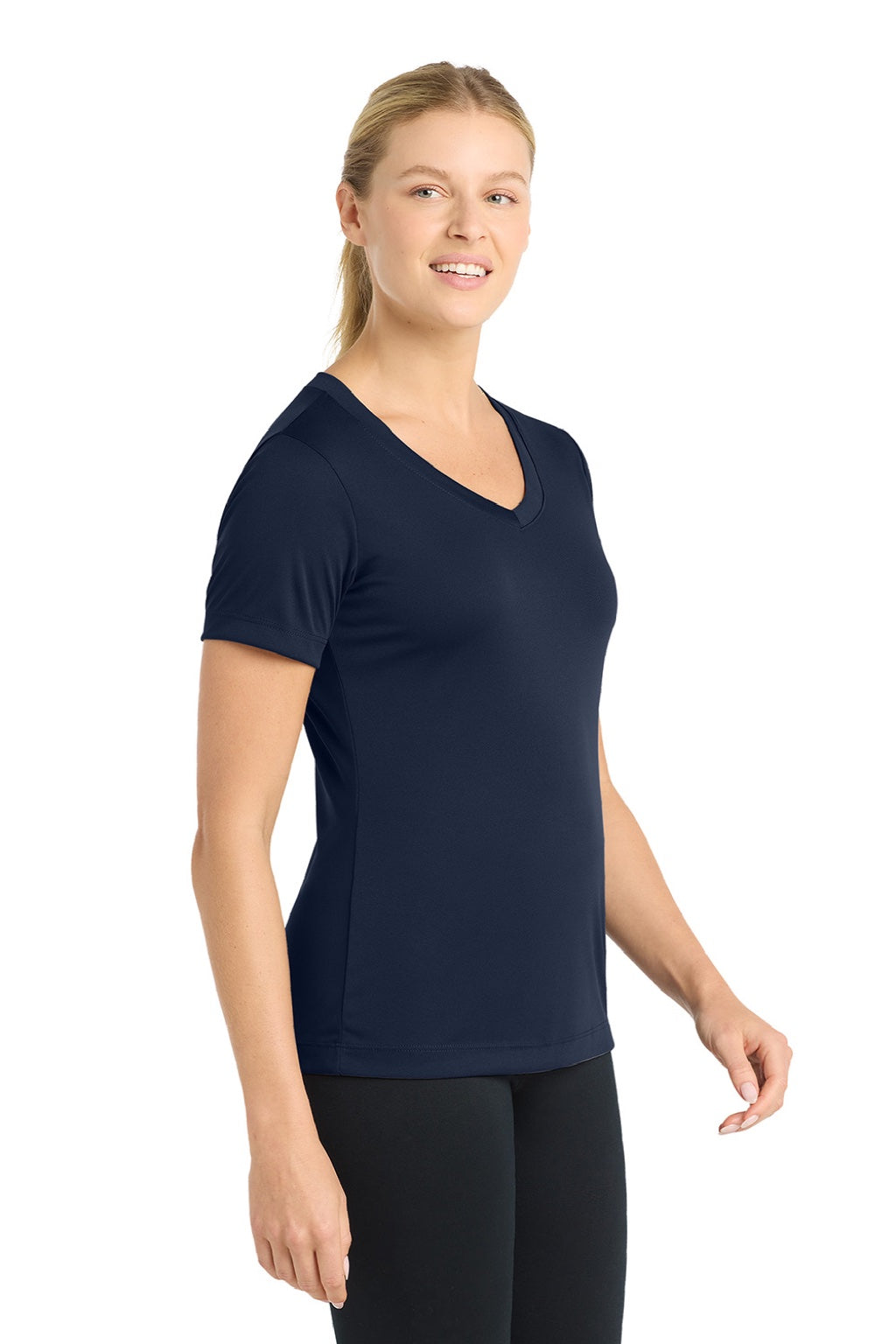 Sport-Tek LST353 Womens Competitor Moisture Wicking Short Sleeve V-Neck T-Shirt True Navy Blue Model Side
