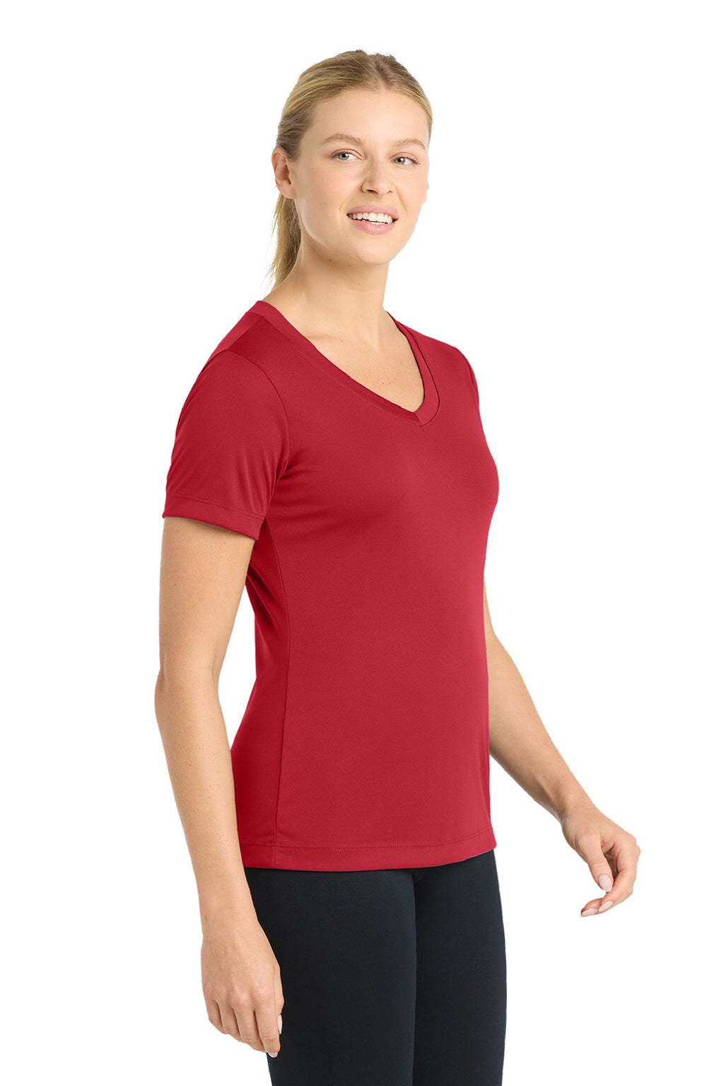 Sport-Tek LST353 Womens Competitor Moisture Wicking Short Sleeve V-Neck T-Shirt True Red Model Side