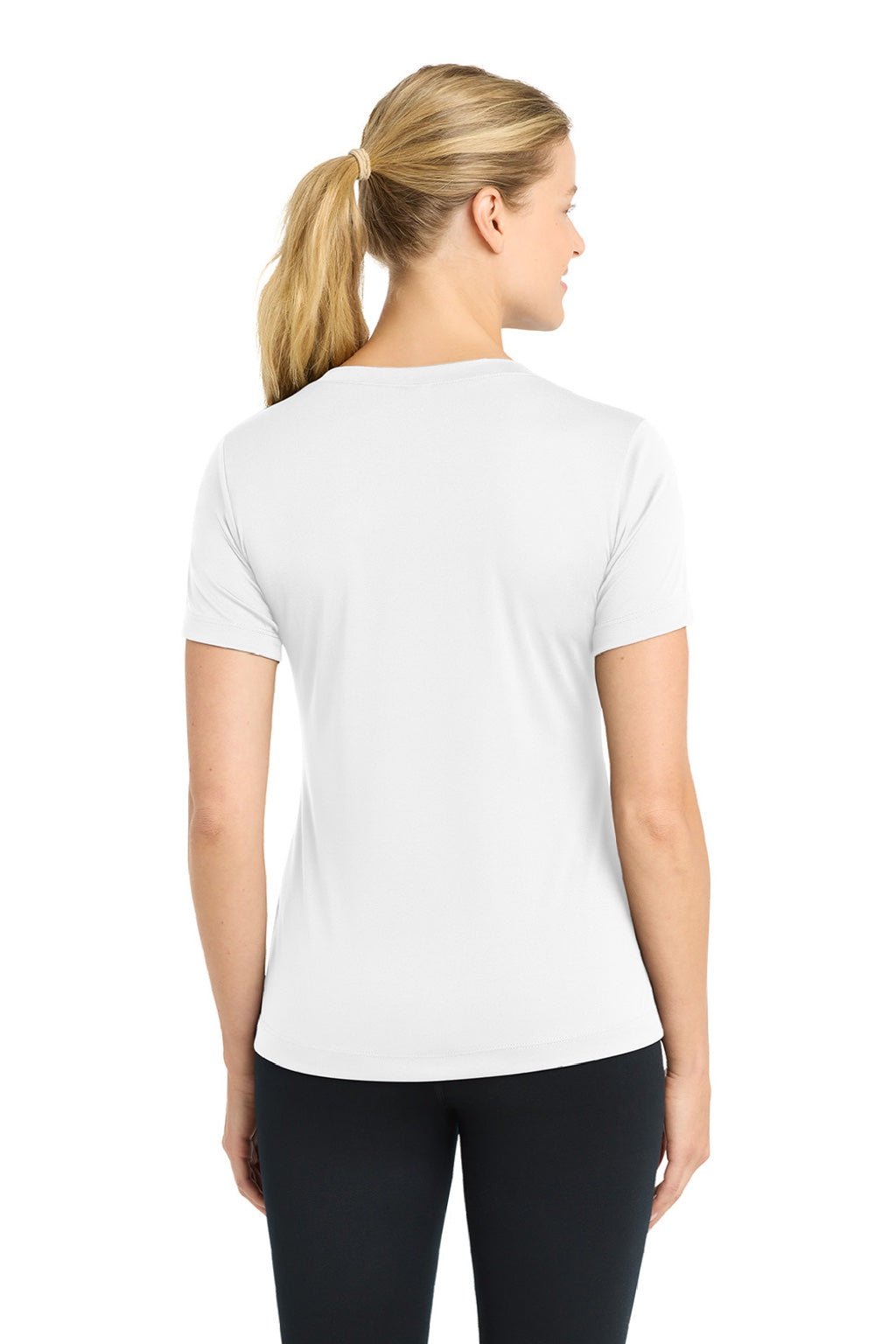 Sport-Tek LST353 Womens Competitor Moisture Wicking Short Sleeve V-Neck T-Shirt White Model Back