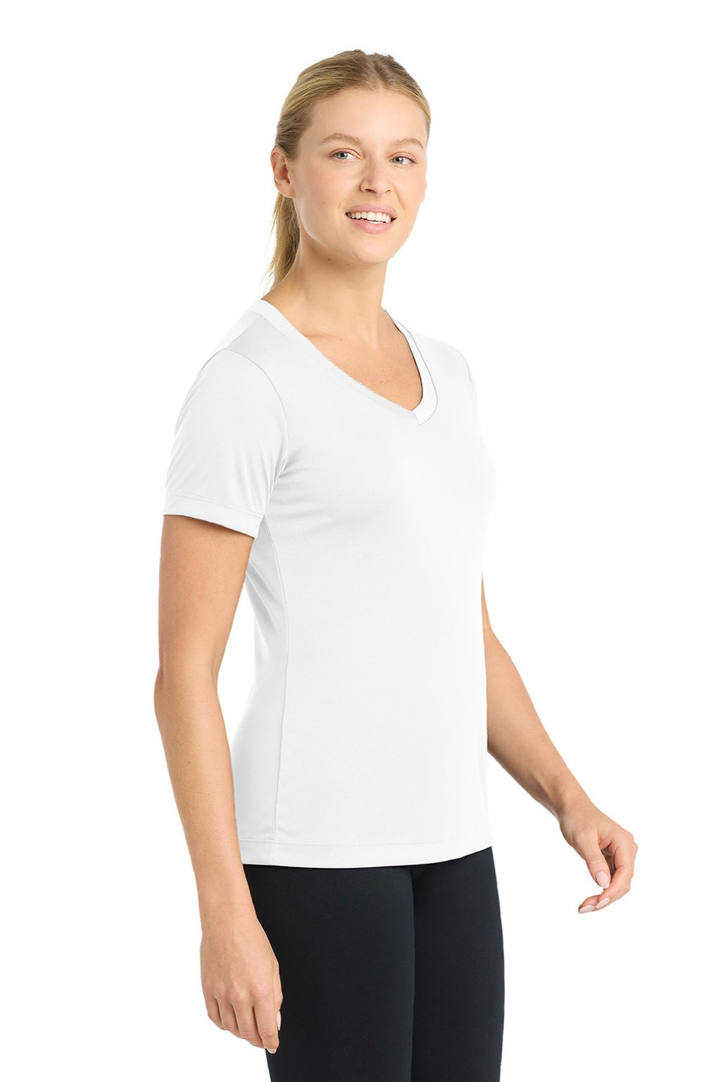 Sport-Tek LST353 Womens Competitor Moisture Wicking Short Sleeve V-Neck T-Shirt White Model Side
