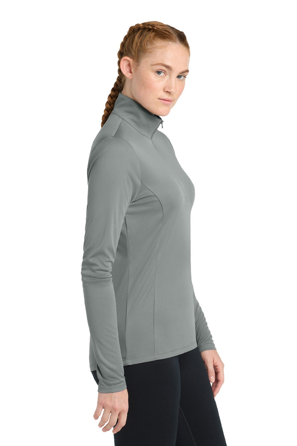 Sport-Tek LST357 Womens Competitor Moisture Wicking 1/4 Zip Sweatshirt Concrete Grey Model Side
