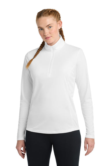 Sport-Tek LST357 Womens Competitor Moisture Wicking 1/4 Zip Sweatshirt White Model Front