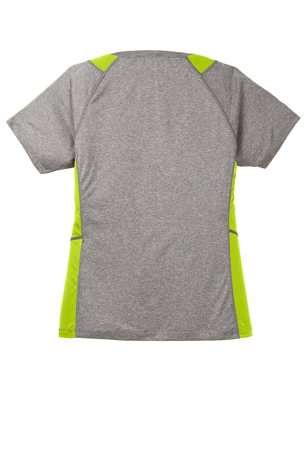 Sport-Tek LST361 Womens Contender Heather Moisture Wicking Short Sleeve V-Neck T-Shirt Heather Vintage Grey/Lime Shock Green Flat Back