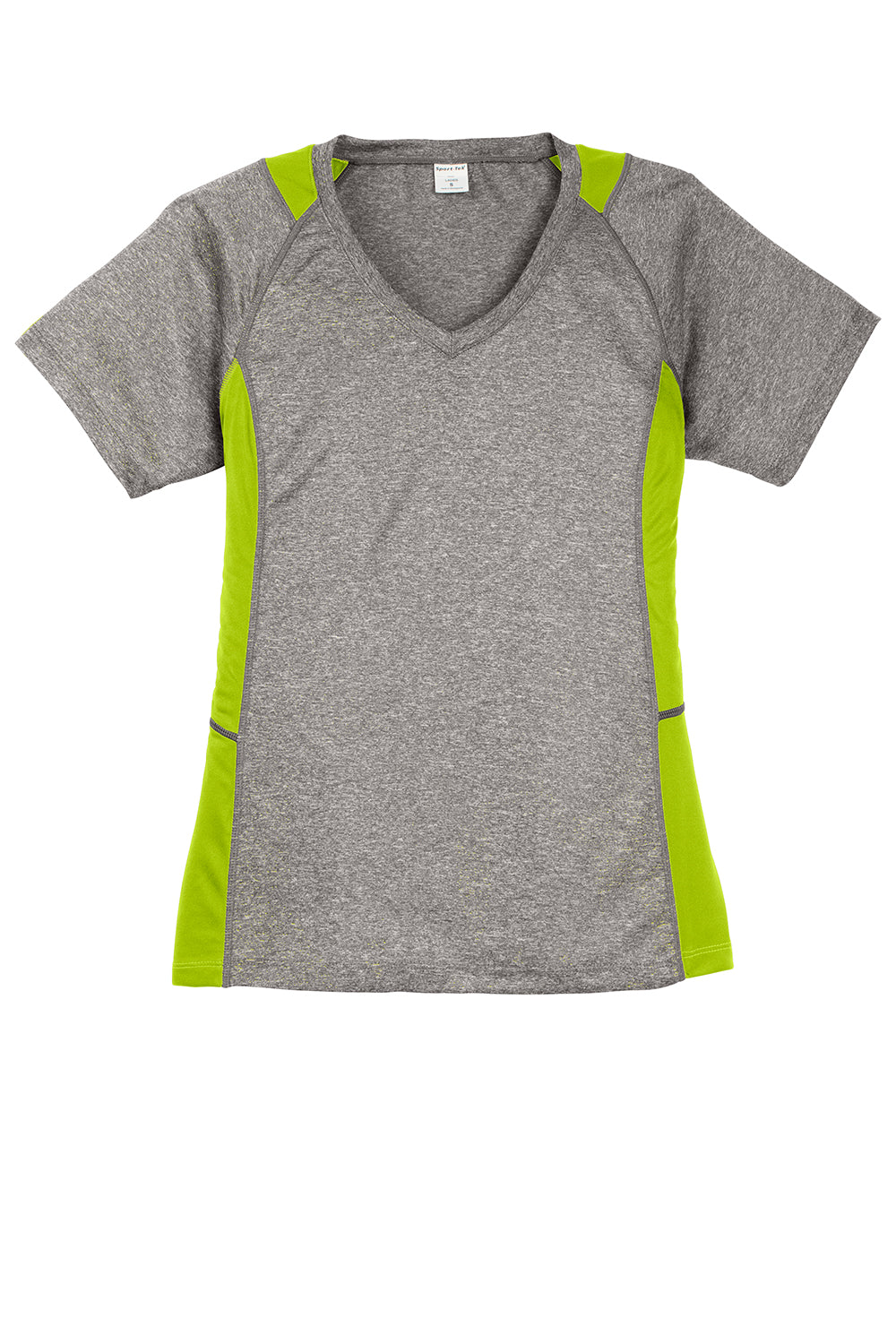 Sport-Tek LST361 Womens Contender Heather Moisture Wicking Short Sleeve V-Neck T-Shirt Heather Vintage Grey/Lime Shock Green Flat Front