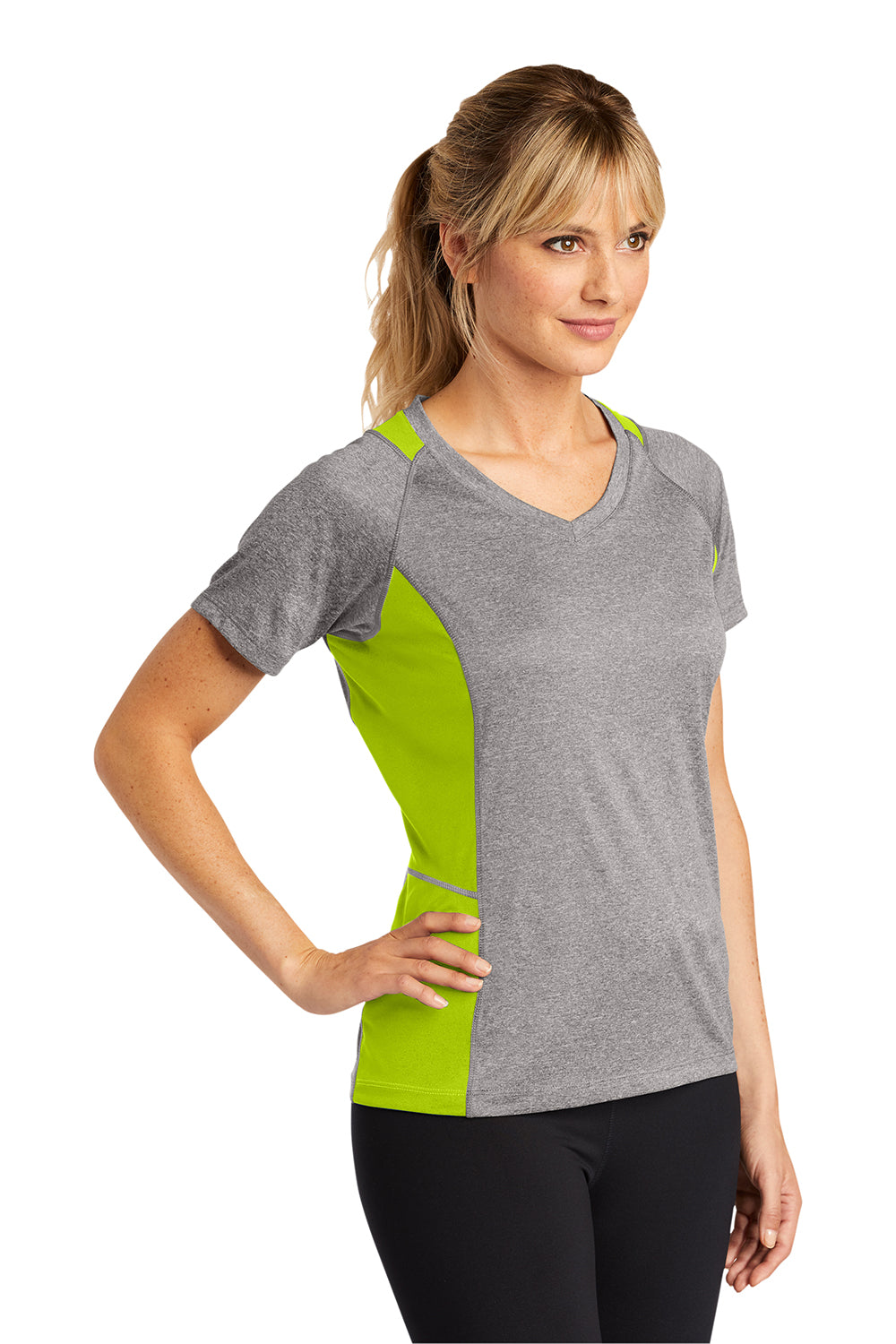 Sport-Tek LST361 Womens Contender Heather Moisture Wicking Short Sleeve V-Neck T-Shirt Heather Vintage Grey/Lime Shock Green Model 3q