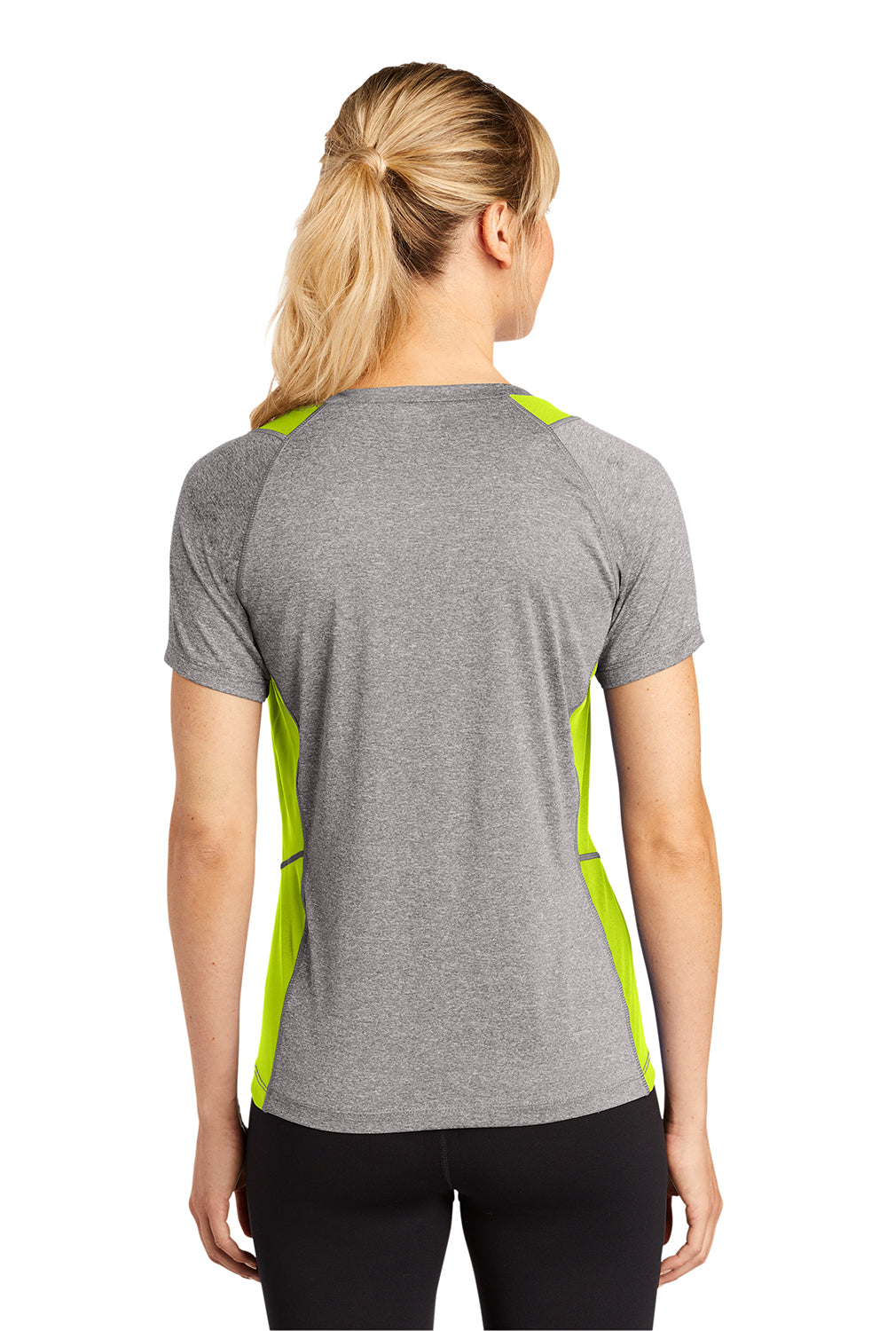 Sport-Tek LST361 Womens Contender Heather Moisture Wicking Short Sleeve V-Neck T-Shirt Heather Vintage Grey/Lime Shock Green Model Back