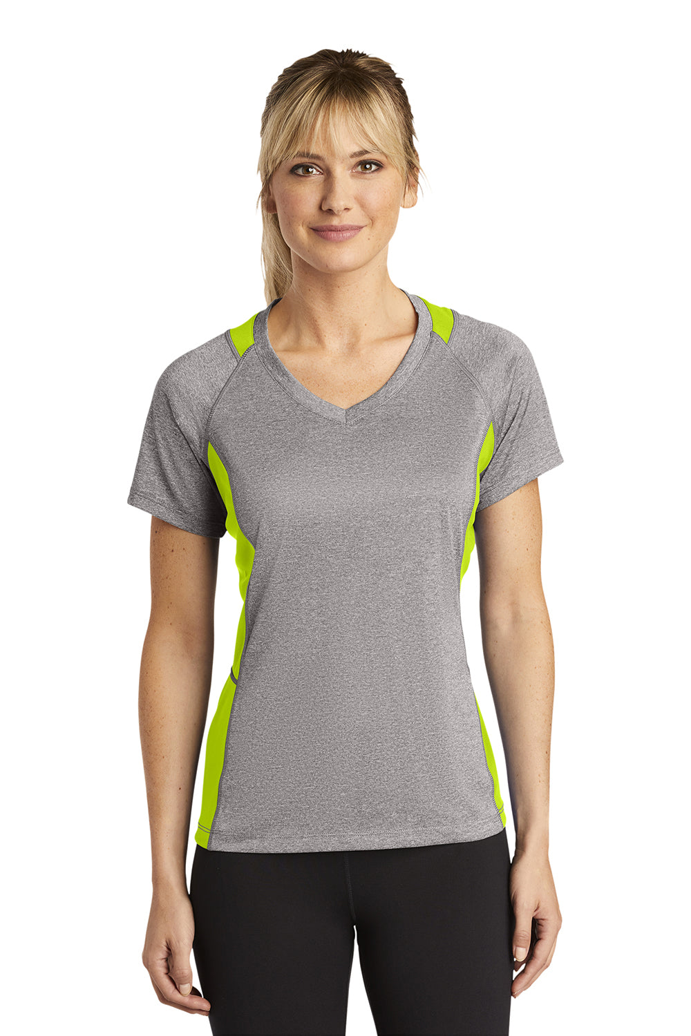 Sport-Tek LST361 Womens Contender Heather Moisture Wicking Short Sleeve V-Neck T-Shirt Heather Vintage Grey/Lime Shock Green Model Front