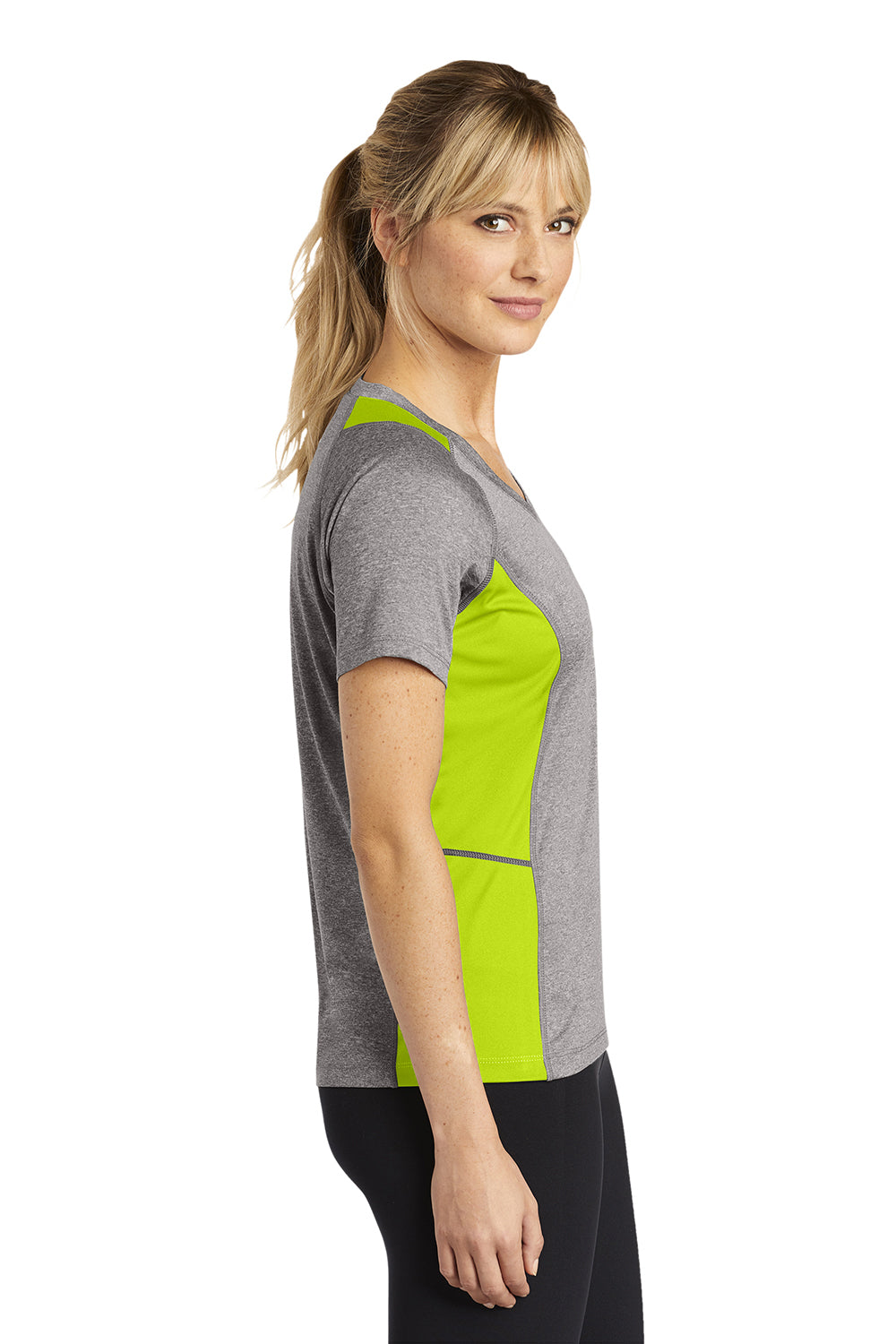 Sport-Tek LST361 Womens Contender Heather Moisture Wicking Short Sleeve V-Neck T-Shirt Heather Vintage Grey/Lime Shock Green Model Side
