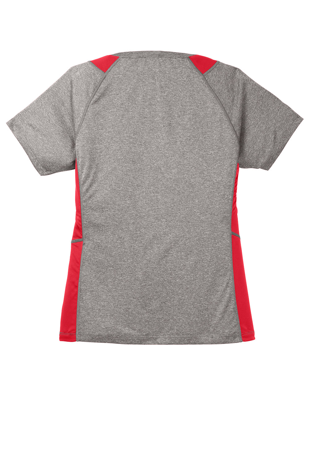 Sport-Tek LST361 Womens Contender Heather Moisture Wicking Short Sleeve V-Neck T-Shirt Heather Vintage Grey/True Red Flat Back