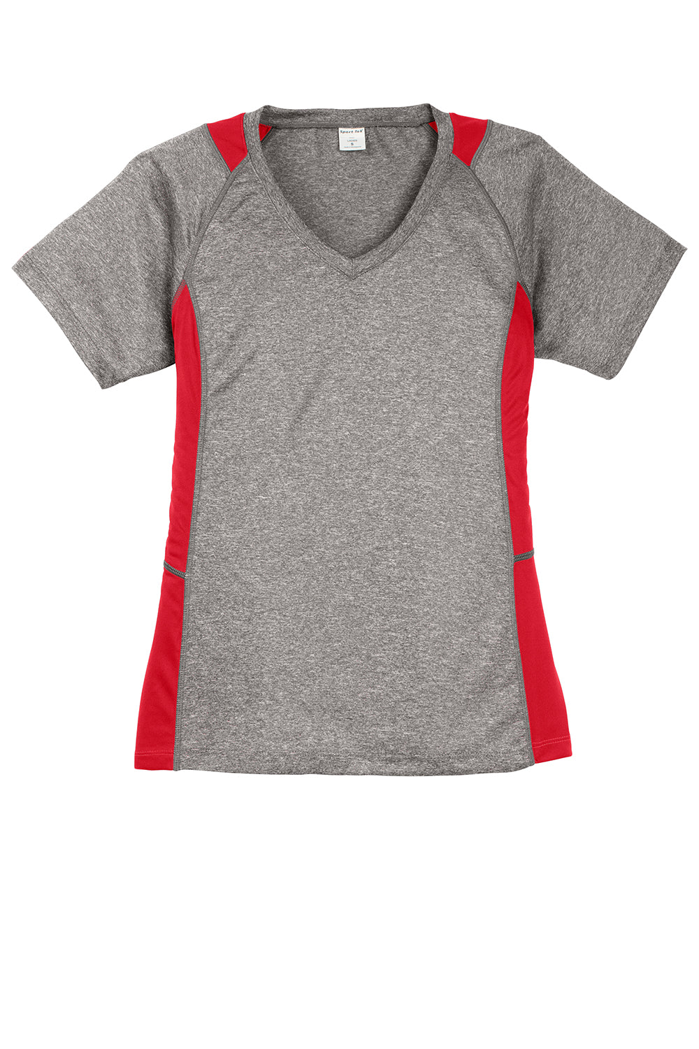 Sport-Tek LST361 Womens Contender Heather Moisture Wicking Short Sleeve V-Neck T-Shirt Heather Vintage Grey/True Red Flat Front