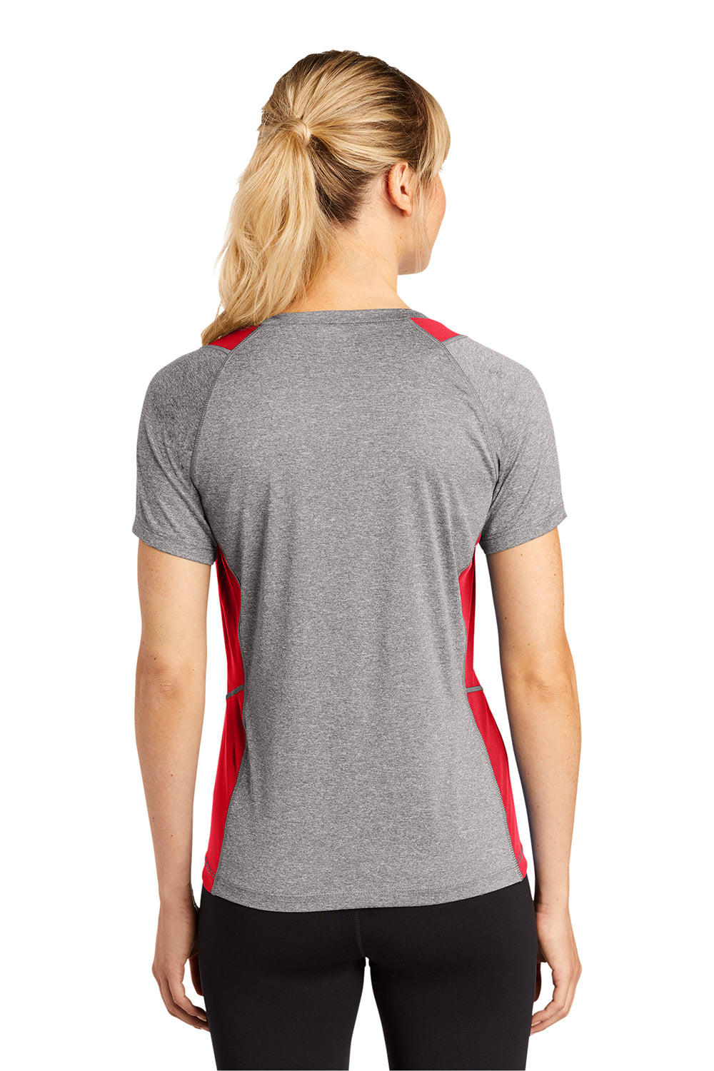 Sport-Tek LST361 Womens Contender Heather Moisture Wicking Short Sleeve V-Neck T-Shirt Heather Vintage Grey/True Red Model Back
