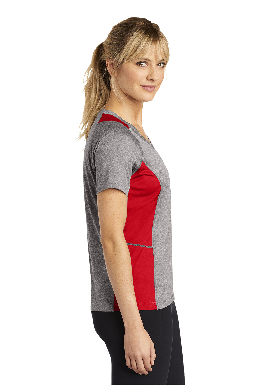 Sport-Tek LST361 Womens Contender Heather Moisture Wicking Short Sleeve V-Neck T-Shirt Heather Vintage Grey/True Red Model Side