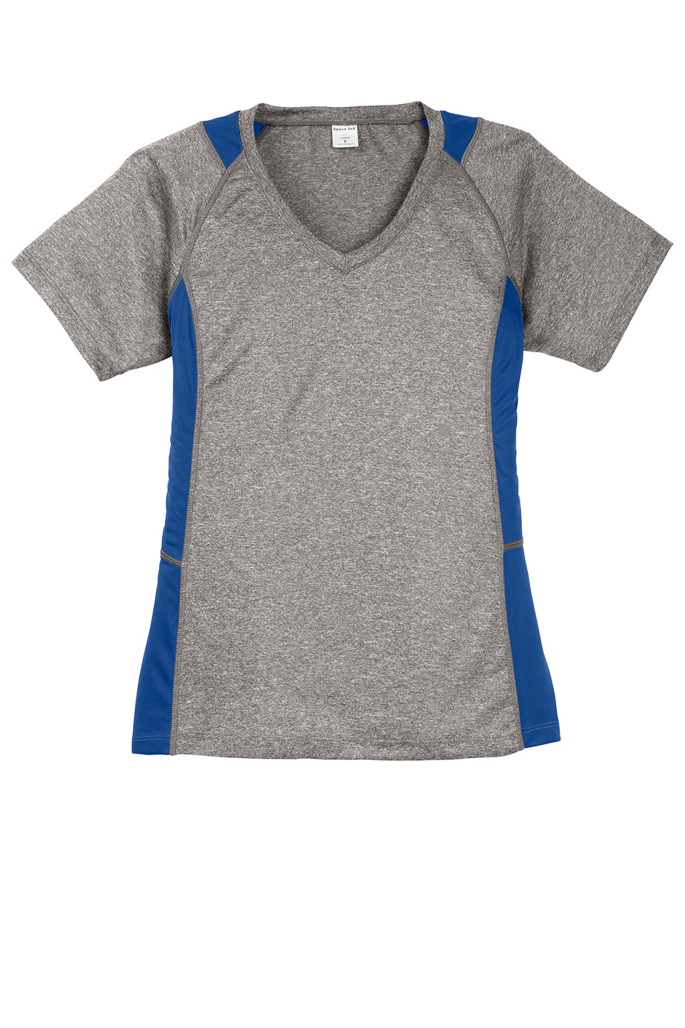 Sport-Tek LST361 Womens Contender Heather Moisture Wicking Short Sleeve V-Neck T-Shirt Heather Vintage Grey/True Royal Blue Flat Front
