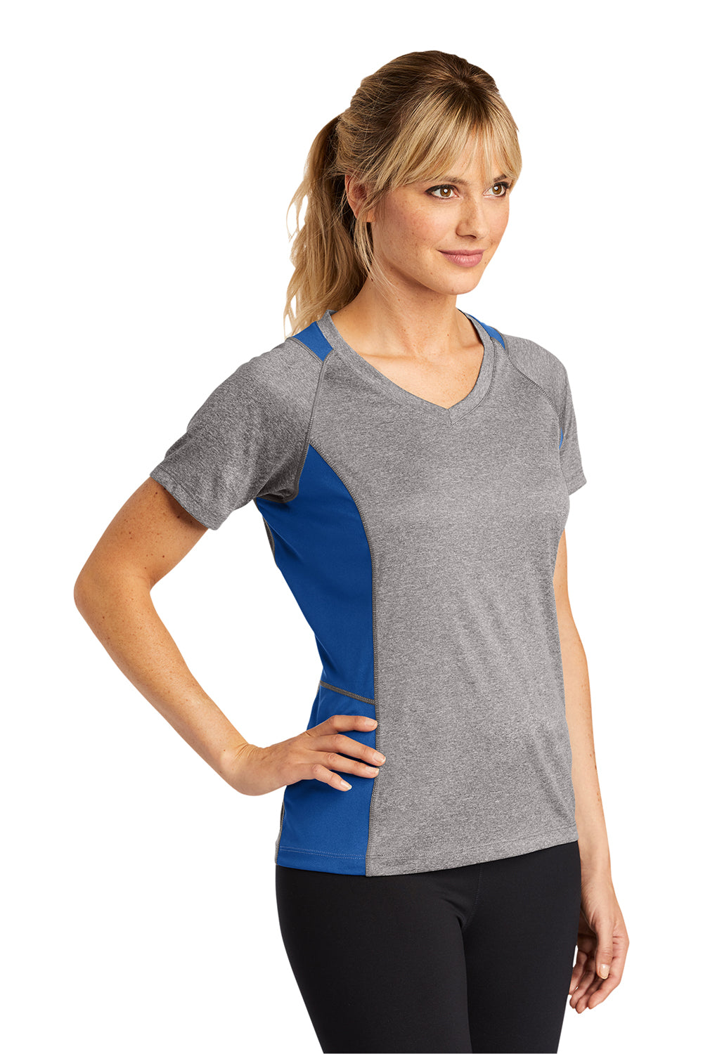Sport-Tek LST361 Womens Contender Heather Moisture Wicking Short Sleeve V-Neck T-Shirt Heather Vintage Grey/True Royal Blue Model 3q