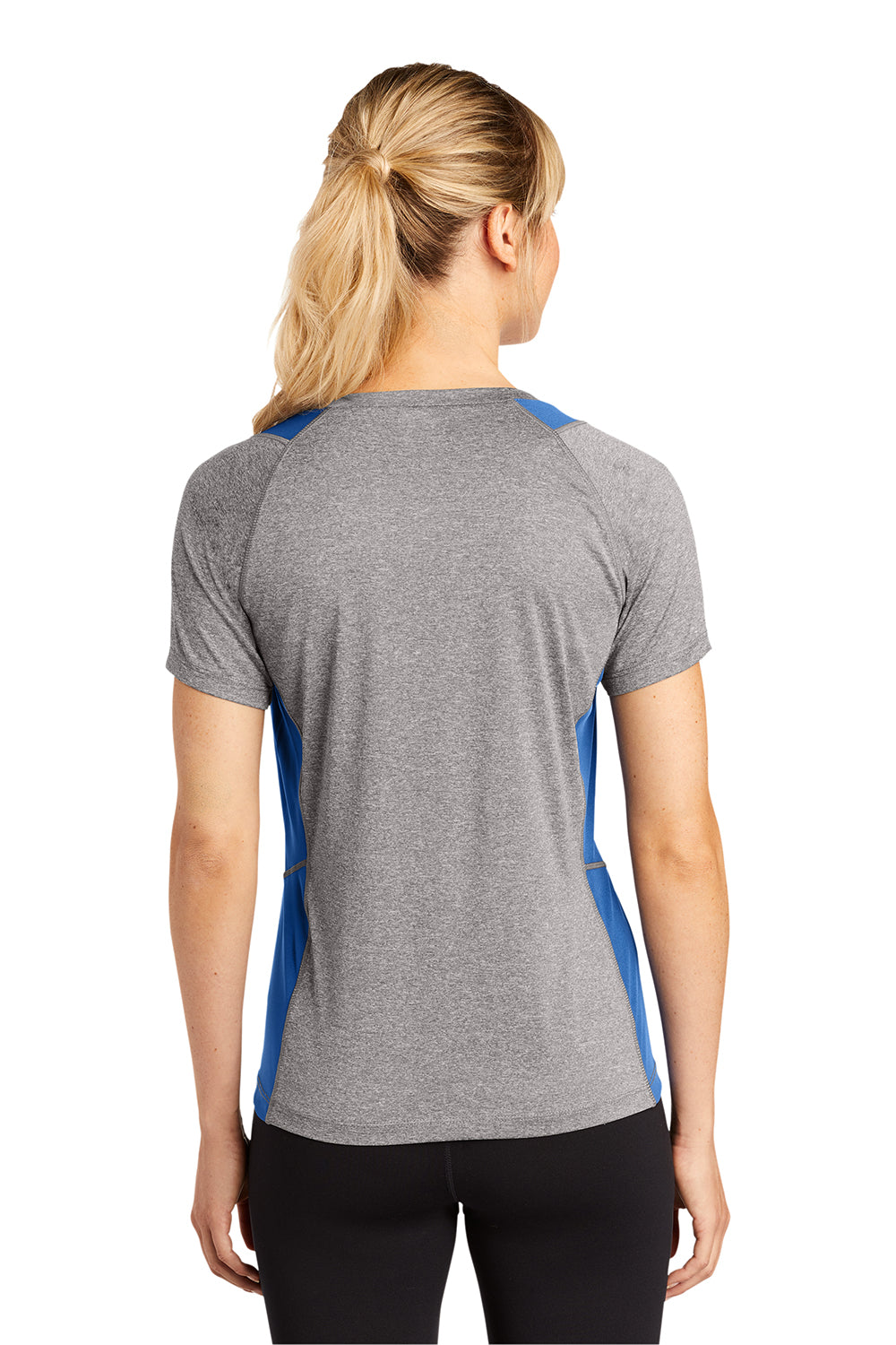 Sport-Tek LST361 Womens Contender Heather Moisture Wicking Short Sleeve V-Neck T-Shirt Heather Vintage Grey/True Royal Blue Model Back