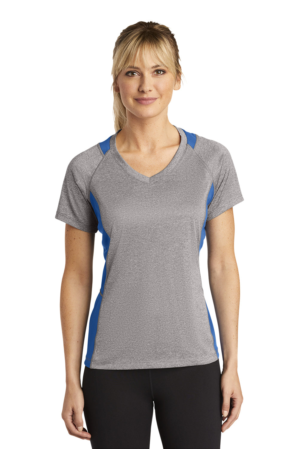 Sport-Tek LST361 Womens Contender Heather Moisture Wicking Short Sleeve V-Neck T-Shirt Heather Vintage Grey/True Royal Blue Model Front