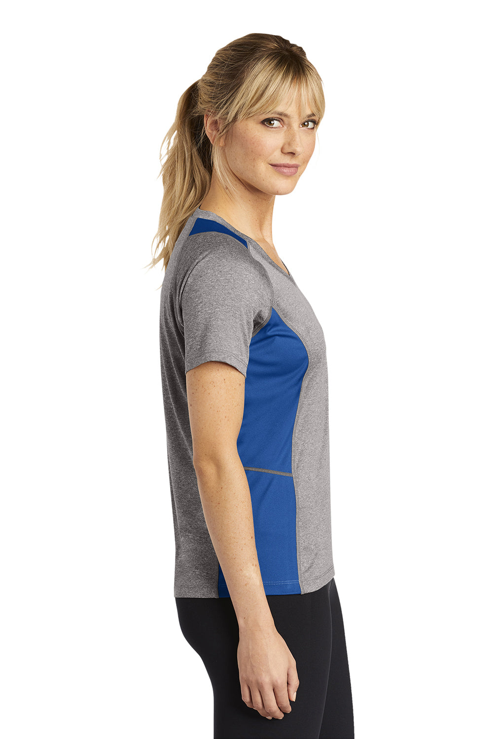 Sport-Tek LST361 Womens Contender Heather Moisture Wicking Short Sleeve V-Neck T-Shirt Heather Vintage Grey/True Royal Blue Model Side