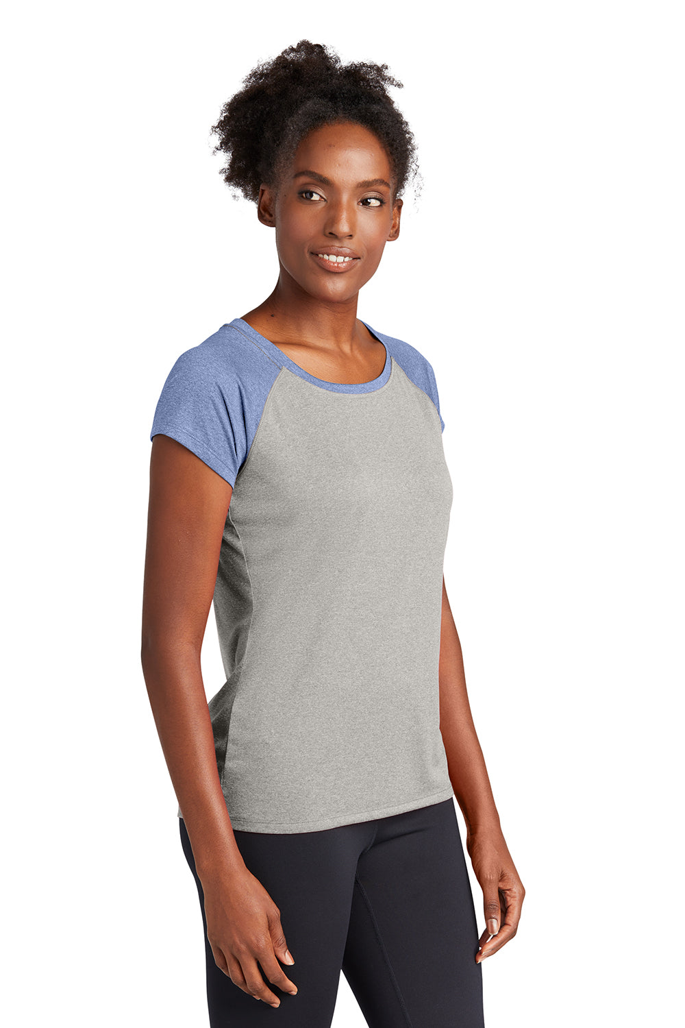 Sport-Tek LST362 Womens Contender Heather Moisture Wicking Short Sleeve Wide Neck T-Shirt Heather Vintage Grey/Heather True Navy Blue Model 3q