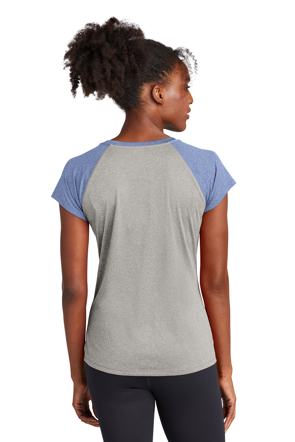 Sport-Tek LST362 Womens Contender Heather Moisture Wicking Short Sleeve Wide Neck T-Shirt Heather Vintage Grey/Heather True Navy Blue Model Back