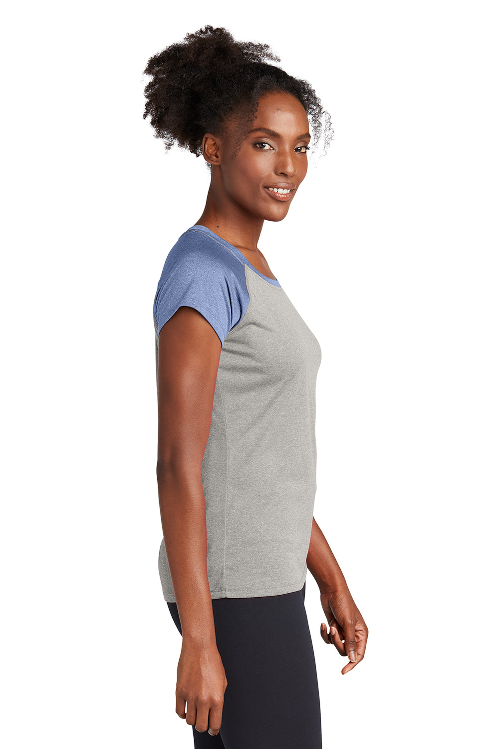Sport-Tek LST362 Womens Contender Heather Moisture Wicking Short Sleeve Wide Neck T-Shirt Heather Vintage Grey/Heather True Navy Blue Model Side