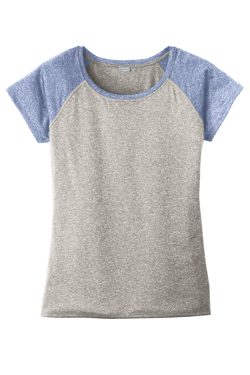 Sport-Tek LST362 Womens Contender Heather Moisture Wicking Short Sleeve Wide Neck T-Shirt Heather Vintage Grey/Heather True Navy Blue Flat Front