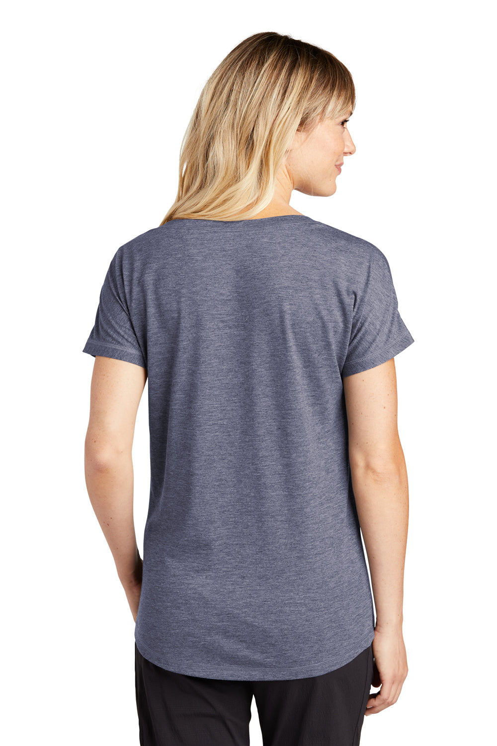 Sport-Tek LST401 Womens Moisture Wicking Short Sleeve V-Neck T-Shirt Heather True Navy Blue Model Back