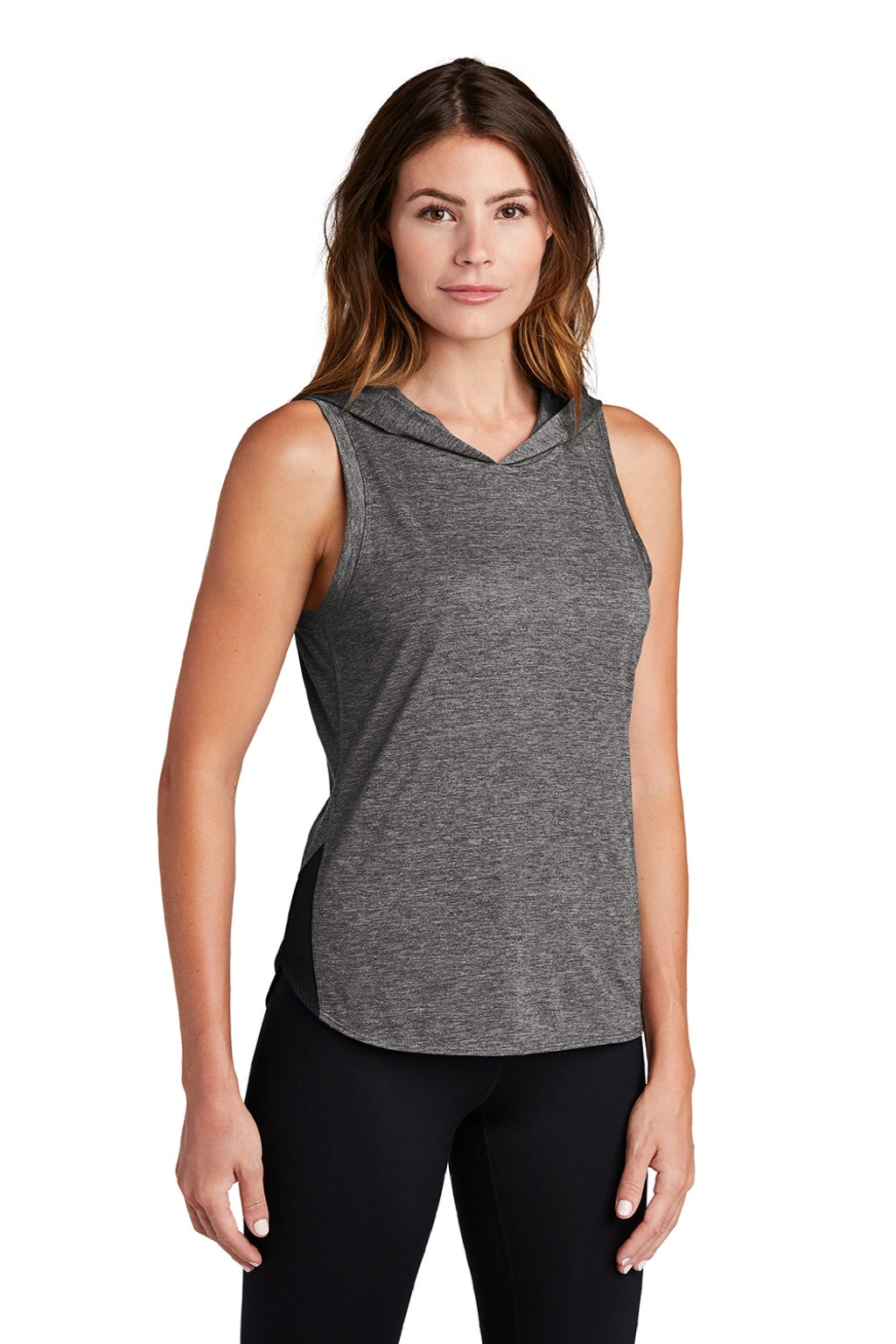 Sport-Tek LST410 Womens Draft Moisture Wicking Hooded Tank Top Hoodie Heather Dark Grey/Black Model 3q
