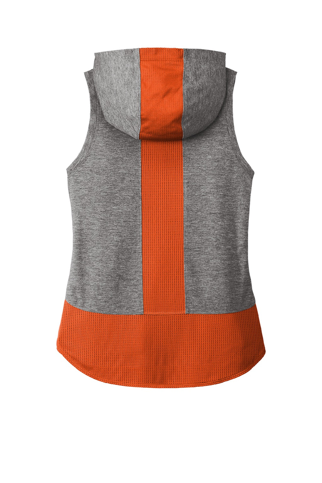 Sport-Tek LST410 Womens Draft Moisture Wicking Hooded Tank Top Hoodie Heather Dark Grey/Heather Deep Orange Flat Back
