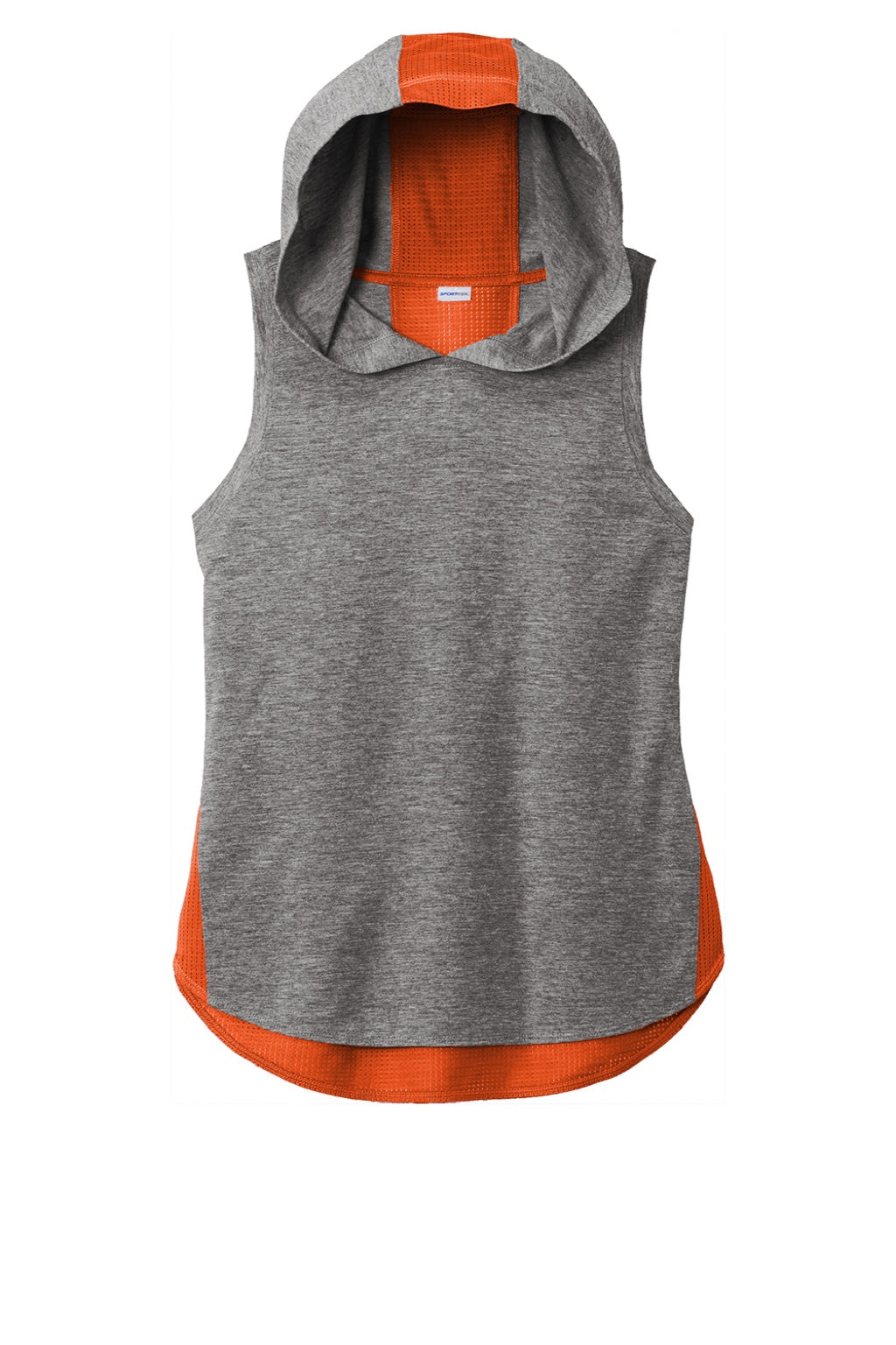 Sport-Tek LST410 Womens Draft Moisture Wicking Hooded Tank Top Hoodie Heather Dark Grey/Heather Deep Orange Flat Front